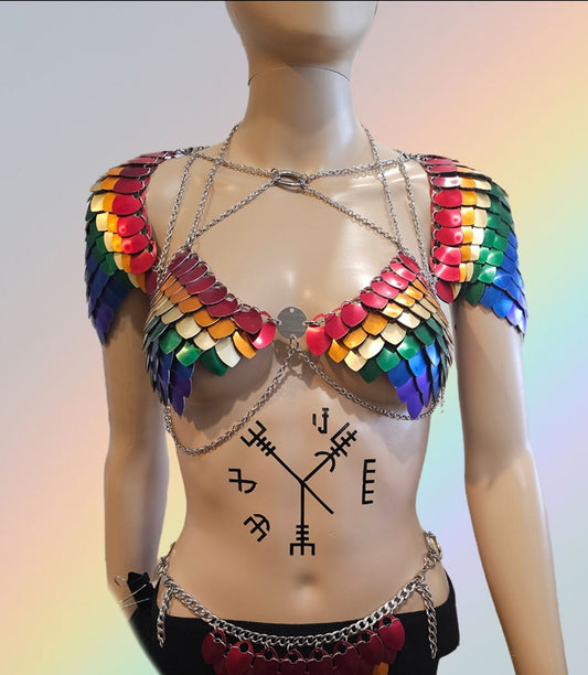 Halloween Pride Rainbow Viking, Dragon, Fairy Scalemail Cosplay Chainmail Festival Bra Top & Shoulder Armor - QUALITY MADE in CANADA