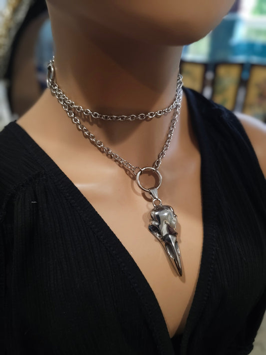 Steel Gothic Punk Choker Collar Raven Bird Skull Layered Necklace Set - Goth Grunge Viking Aesthetic gift for her