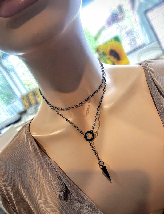 Black Steel Lariat Dainty Choker Wrap Necklace with Spike pendant | Dark Academia Aesthetic handmade jewelry gift for her, Punk and Gothic