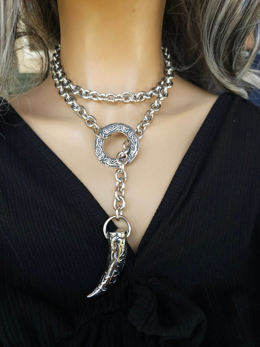 Steel Slip Chain Norse Viking Goth Collar Choker Tusk Leash Layered Necklace | elegant BDSM style gothic Punk aesthetic, self bondage