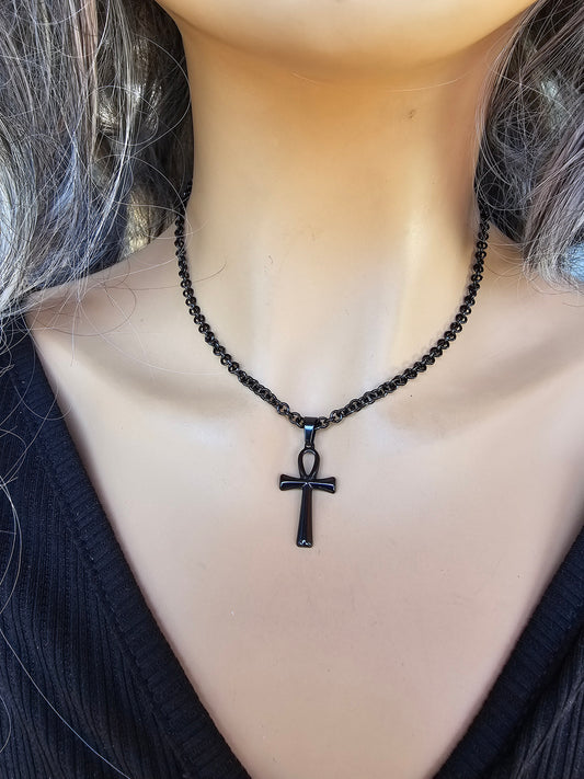 Black Steel Dainty Gothic Punk Choker Necklace with Ankh pendant | Dark Academia Aesthetic handmade jewelry gift for her, Punk and Goth