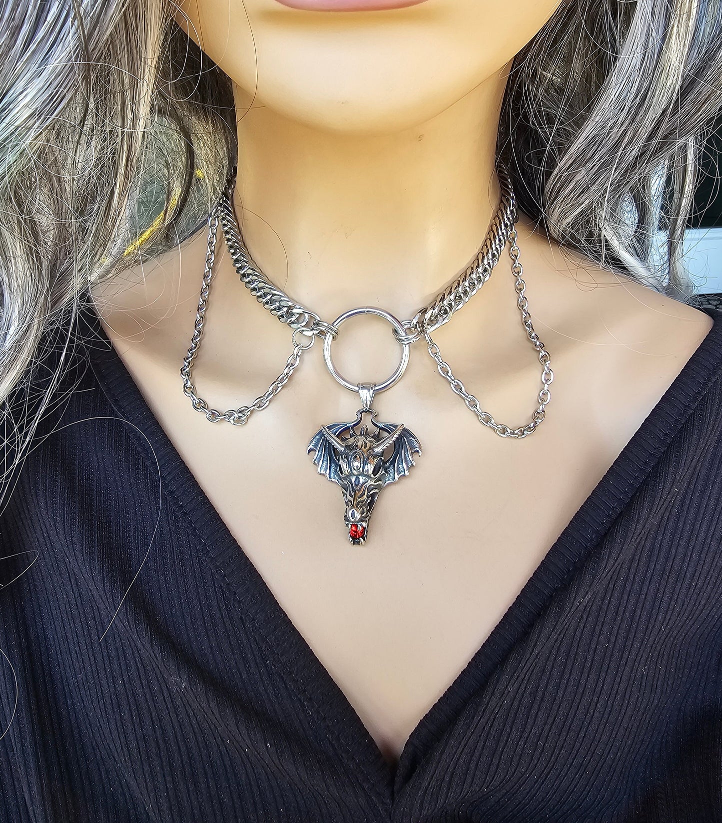 Steel Dragon Multi Strand Punk Gothic Necklace | non tarnish waterproof hypoallergenic Handmade Norse Jewelry gift for her, goth jewelry