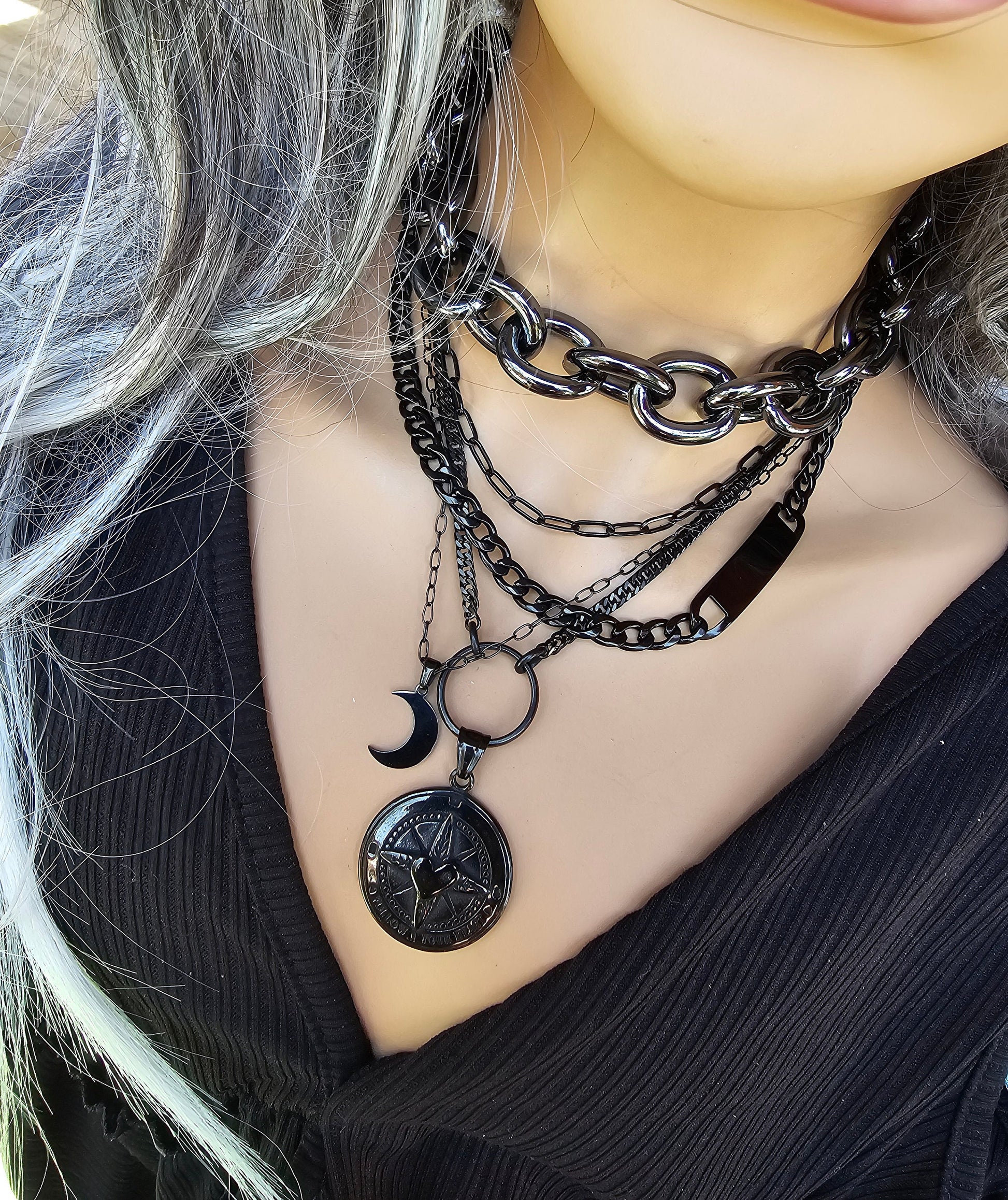 Black Steel Layered Multi Strand Chunky Chain Gothic Choker Collar Necklace Set - Handmade punk grunge aesthetic moon jewelry gift for her