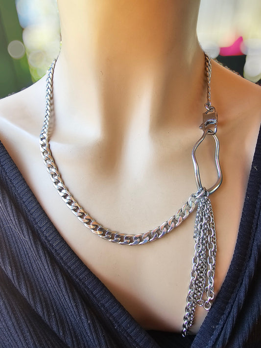 Silver Abstract Chunky Chain Statement Necklace - non tarnish waterproof steel, Handmade aesthetic jewelry gift for her