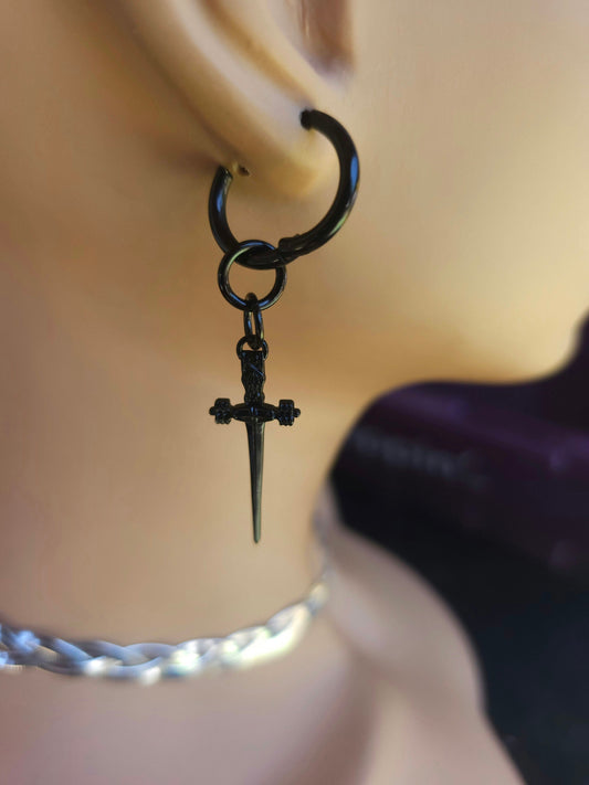 Goth Black Steel Huggie Hoop Punk Sword Dagger Dangle Earrings, handmade Gothic grunge jewelry, Y2K jewelry, witchy pagan