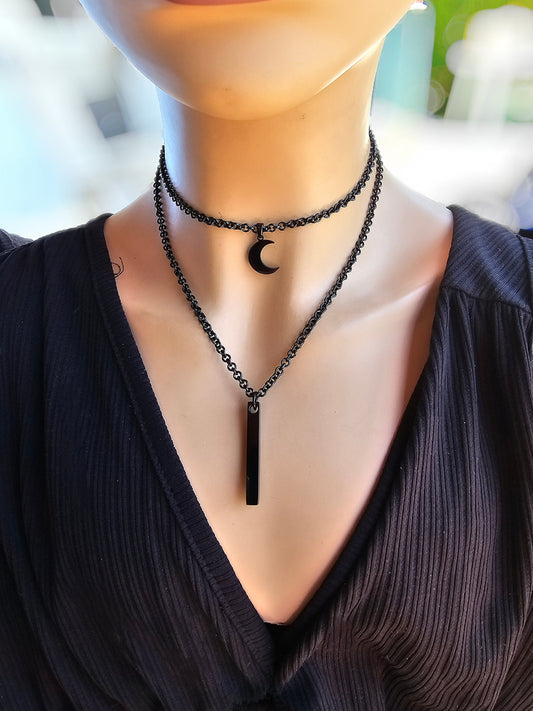 Black Steel Layered Gothic Punk Choker Necklace with Bar & Moon pendant | Dark Academia Aesthetic handmade jewelry gift for her, Goth