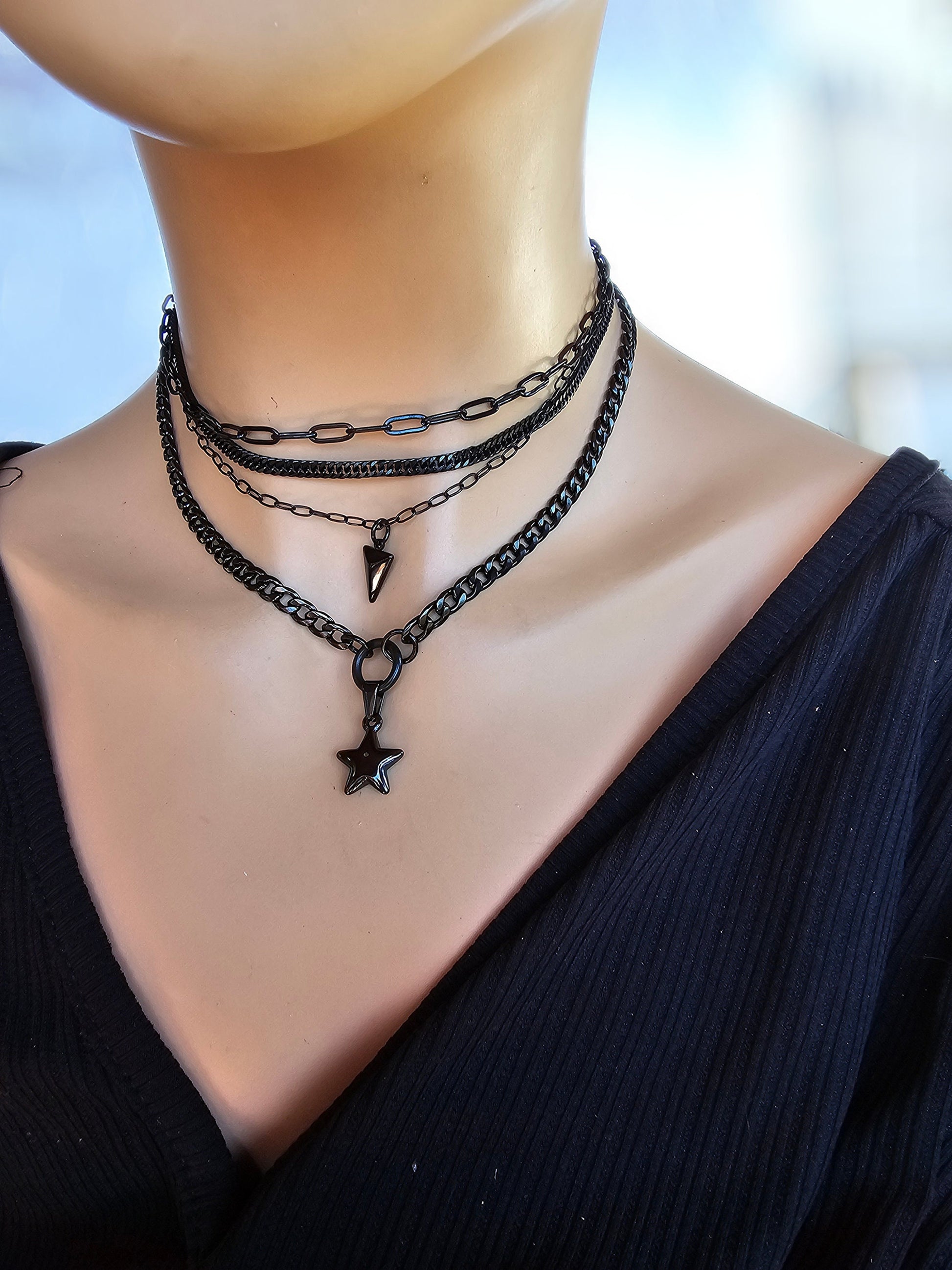 Black Steel Layered Gothic Punk Choker Multi Strand Necklace with Spear & Star | Dark Academia Aesthetic handmade jewelry gift for her, Goth