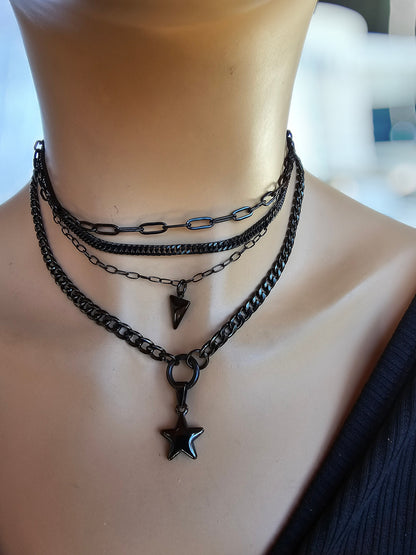 Black Steel Layered Gothic Punk Choker Multi Strand Necklace with Spear & Star | Dark Academia Aesthetic handmade jewelry gift for her, Goth