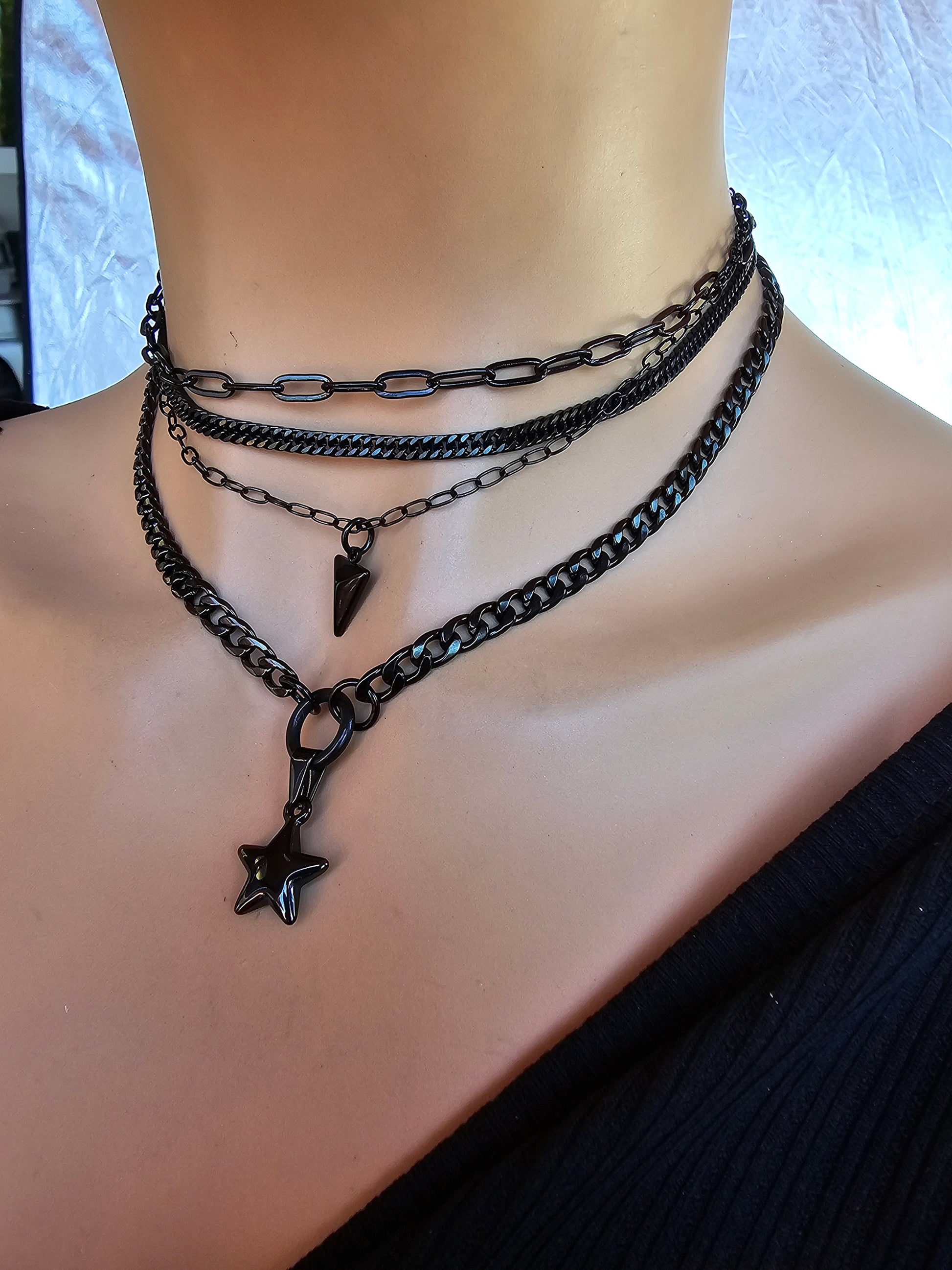 Black Steel Layered Gothic Punk Choker Multi Strand Necklace with Spear & Star | Dark Academia Aesthetic handmade jewelry gift for her, Goth