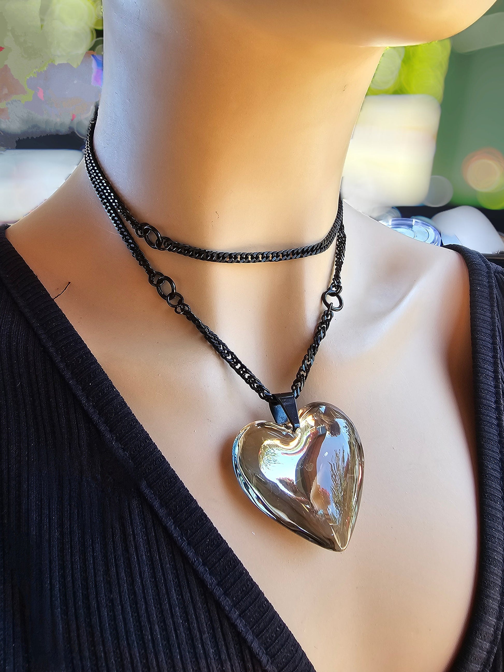 Black Steel Adjustable Gothic Punk Choker Necklace with Jumbo Silver Glass Bubble Heart | Dark Aesthetic handmade jewelry gift for her