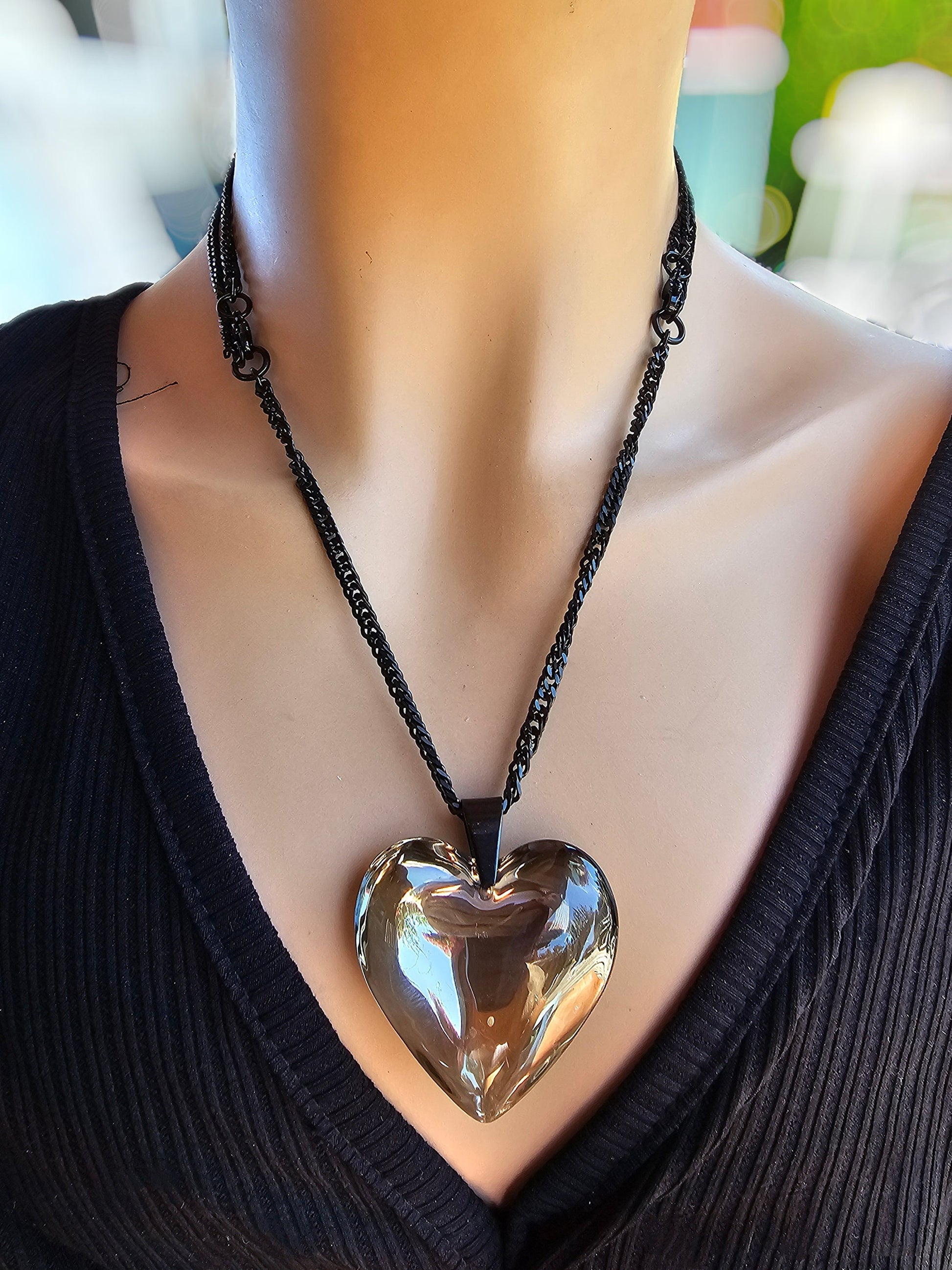 Black Steel Adjustable Gothic Punk Choker Necklace with Jumbo Silver Glass Bubble Heart | Dark Aesthetic handmade jewelry gift for her