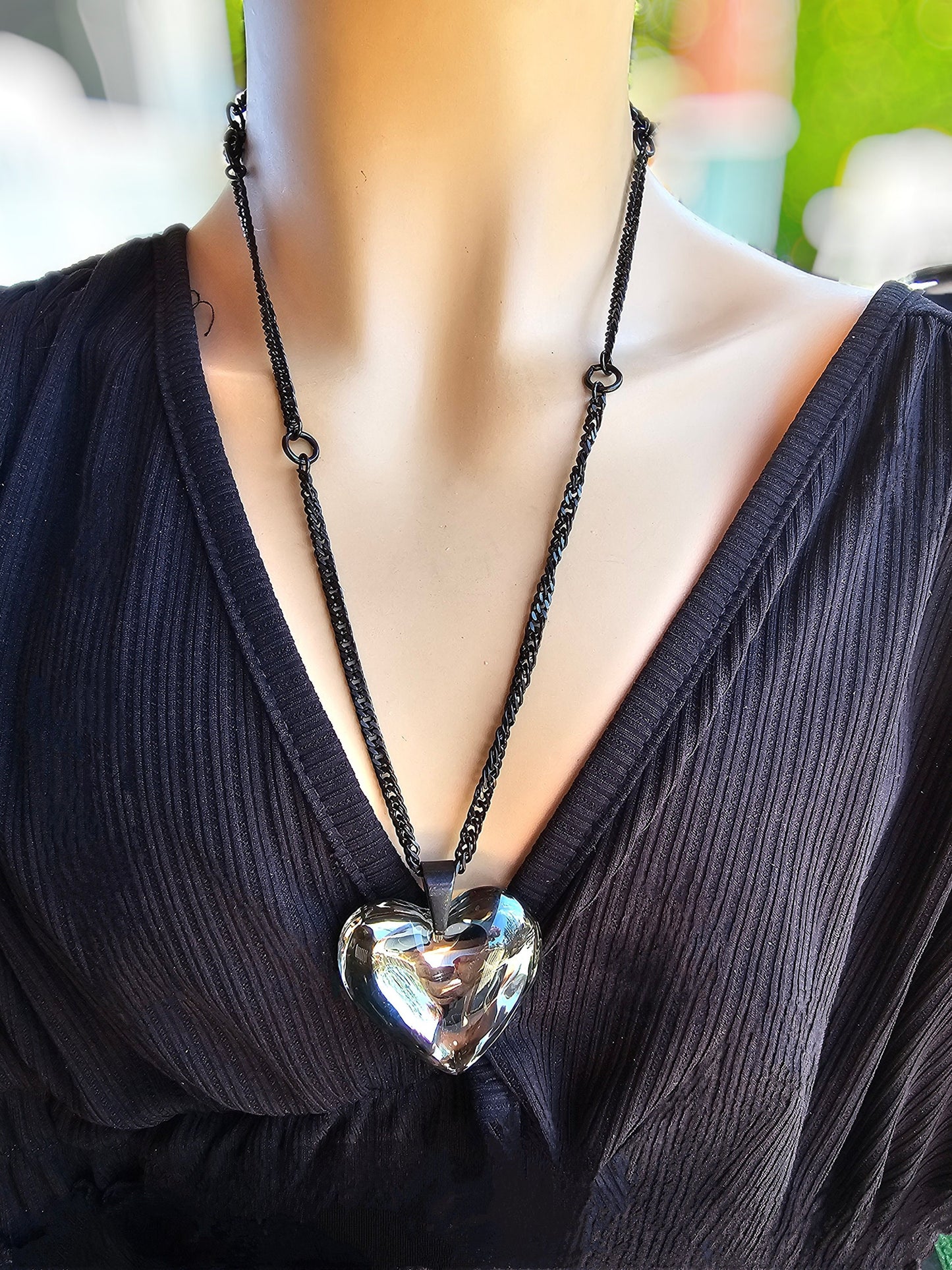 Black Steel Adjustable Gothic Punk Choker Necklace with Jumbo Silver Glass Bubble Heart | Dark Aesthetic handmade jewelry gift for her