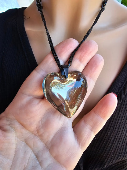 Black Steel Adjustable Gothic Punk Choker Necklace with Jumbo Silver Glass Bubble Heart | Dark Aesthetic handmade jewelry gift for her