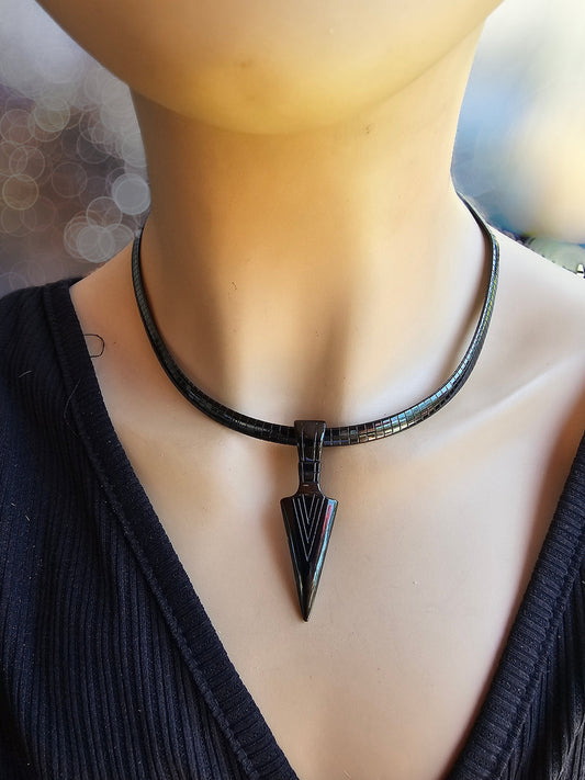 Black Steel Herringbone Gothic Punk Alt Choker Necklace with Viking Spear Pendant | Dark Aesthetic handmade Norse Goth jewelry gift for her