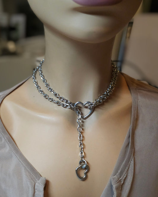 Steel Slip Chain Lariat Leash Collar Choker Hearts Layered Necklace | Handmade Grunge BDSM aesthetic jewelry gift for her, bondage style