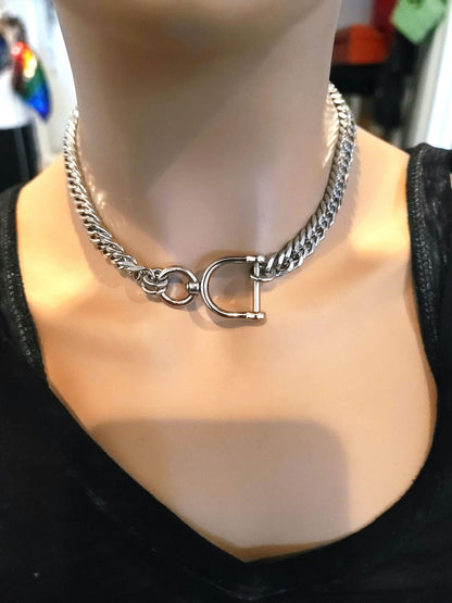 Steel Locking Goth Alt Chunky Chain Necklace, Discreet Sub Day Collar, Stainless Steel BDSM aesthetic Jewelry