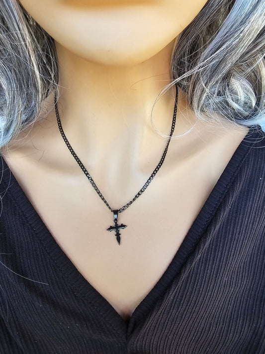 Black Steel Choker Necklace with Goth Cross pendant | Dark Academia Aesthetic handmade jewelry gift for her, Punk and Gothic