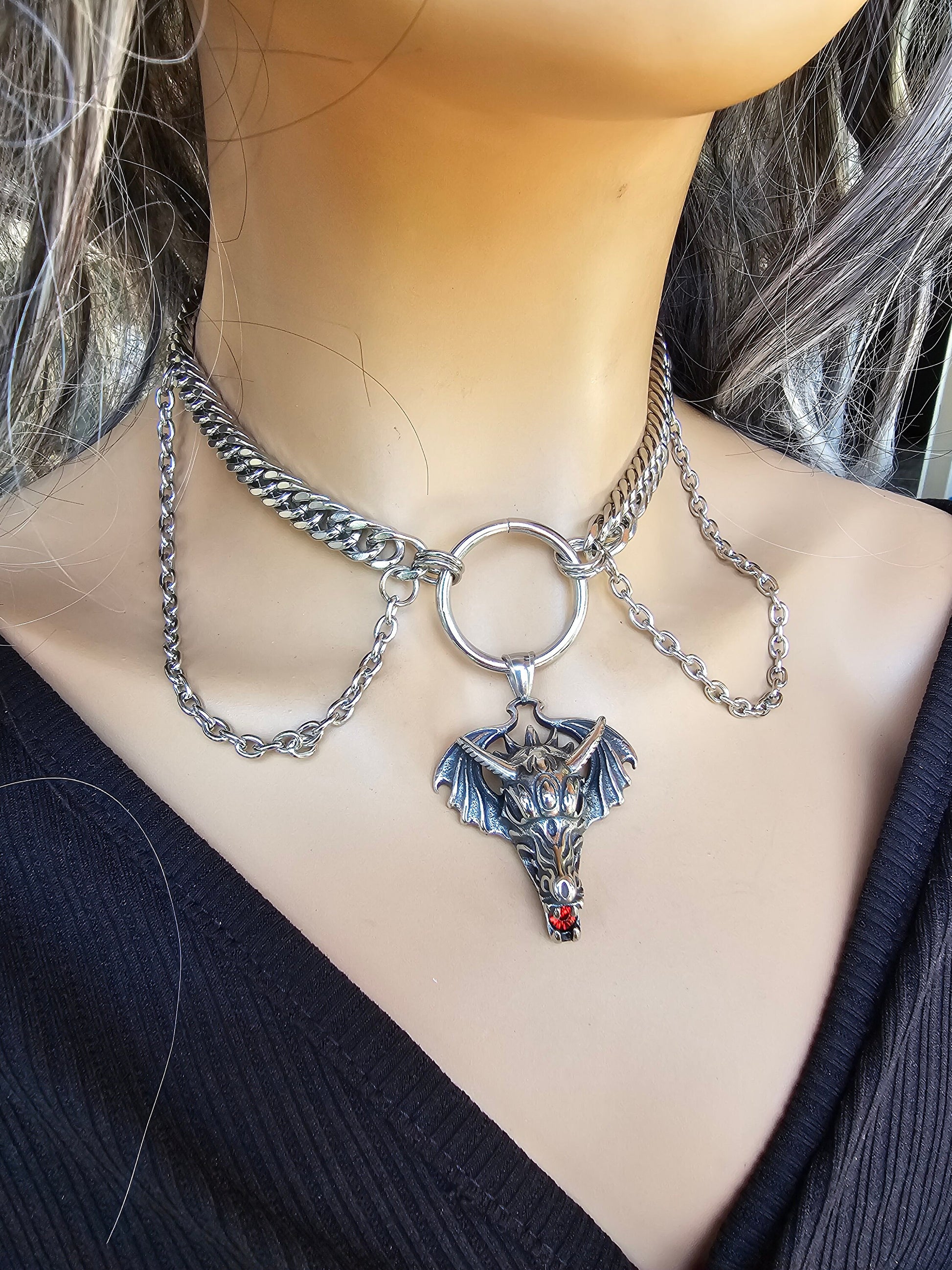 Steel Dragon Multi Strand Punk Gothic Necklace | non tarnish waterproof hypoallergenic Handmade Norse Jewelry gift for her, goth jewelry