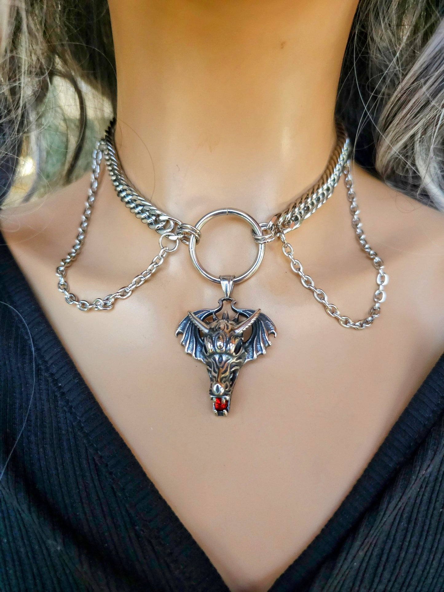 Steel Dragon Multi Strand Punk Gothic Necklace | non tarnish waterproof hypoallergenic Handmade Norse Jewelry gift for her, goth jewelry