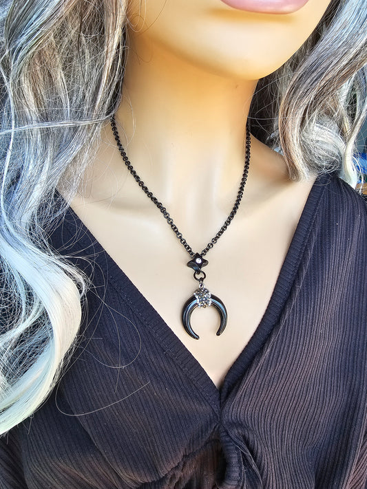 Black Steel Gothic Horn Moon Punk Adjustable Choker Collar Necklace | Dark Academia Aesthetic handmade jewelry gift for her, Punk & Goth