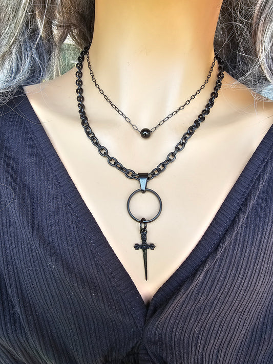 Black Steel Gothic Sword Punk Adjustable Layered Necklace Set | Dark Academia Aesthetic handmade jewelry gift for her, Punk & Goth