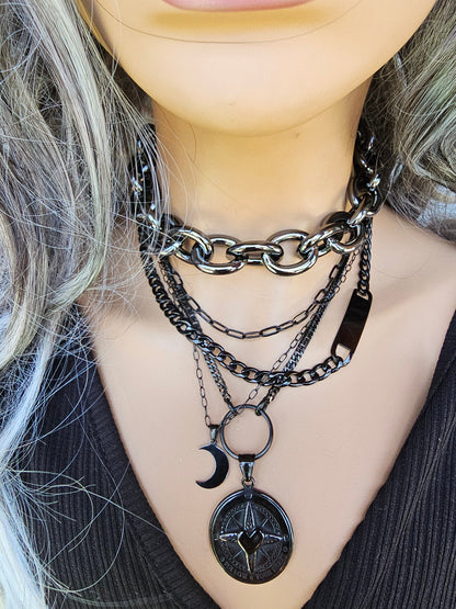 Black Steel Layered Multi Strand Chunky Chain Gothic Choker Collar Necklace Set - Handmade punk grunge aesthetic moon jewelry gift for her