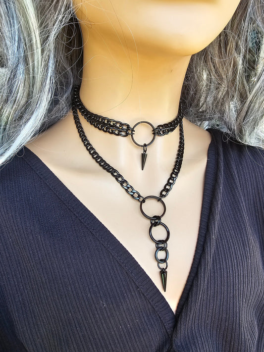 Black Steel Gothic Choker Collar Layered Necklace Set w Spike - Dark Academia Aesthetic Alt Punk Collar Choker, Submissive gift for her