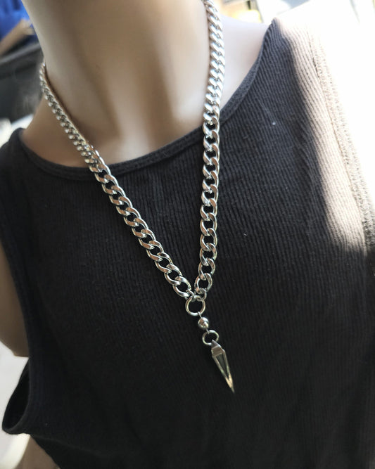 Mens Silver Steel Necklace with Spike Coffin Nail Handmade Goth Grunge Punk Alt sweatproof waterproof hip hop necklace gift for him