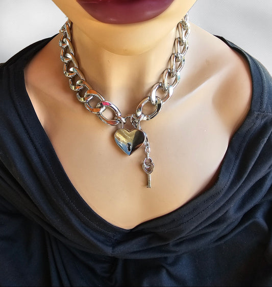 Chunky Chain Heart Lock & Key Gothic Punk Locking Day Collar Choker Necklace A great handmade alt aesthetic statement necklace gift for her