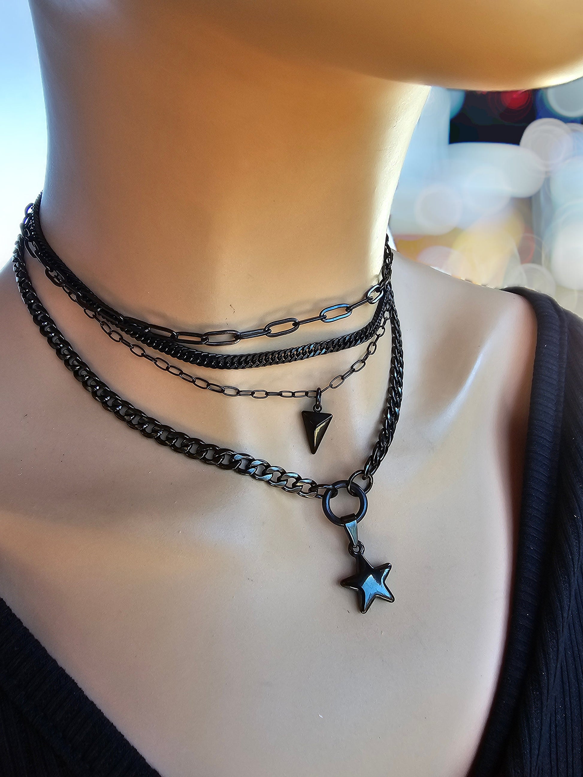 Black Steel Layered Gothic Punk Choker Multi Strand Necklace with Spear & Star | Dark Academia Aesthetic handmade jewelry gift for her, Goth