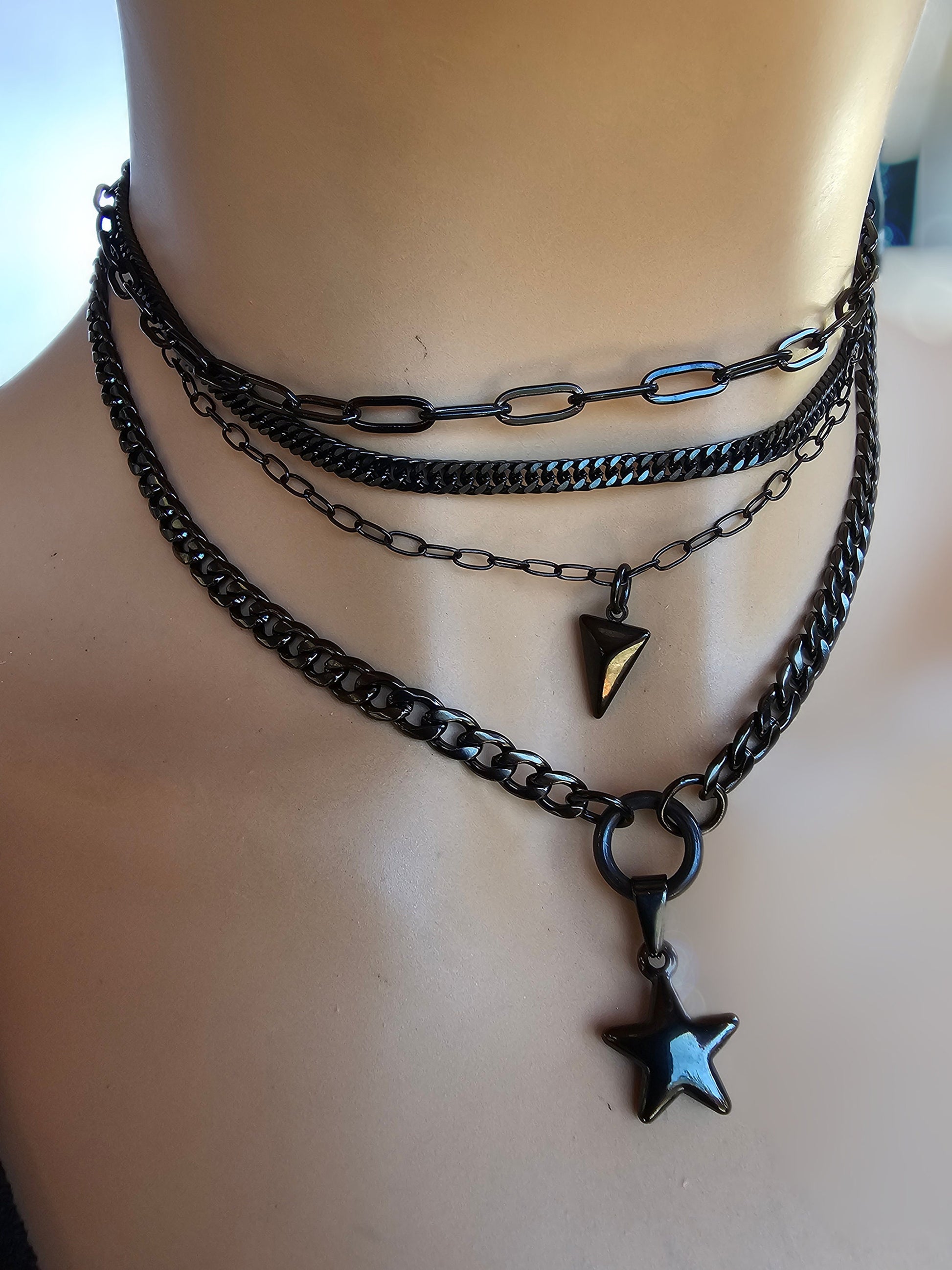 Black Steel Layered Gothic Punk Choker Multi Strand Necklace with Spear & Star | Dark Academia Aesthetic handmade jewelry gift for her, Goth