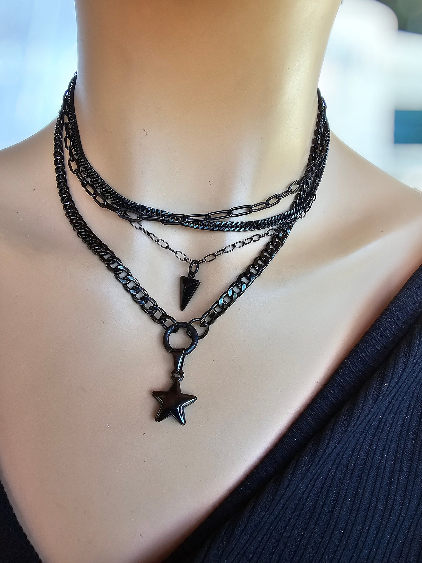 Black Steel Layered Gothic Punk Choker Multi Strand Necklace with Spear & Star | Dark Academia Aesthetic handmade jewelry gift for her, Goth