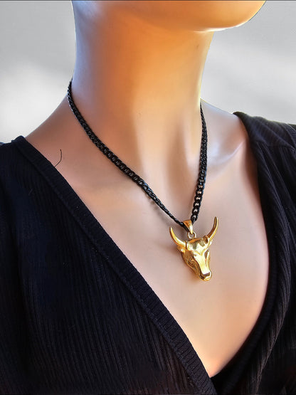 Black Steel & Gold Longhorn Adjustable Gothic Punk Choker Necklace | Cowgirl Western Aesthetic handmade jewelry gift for her