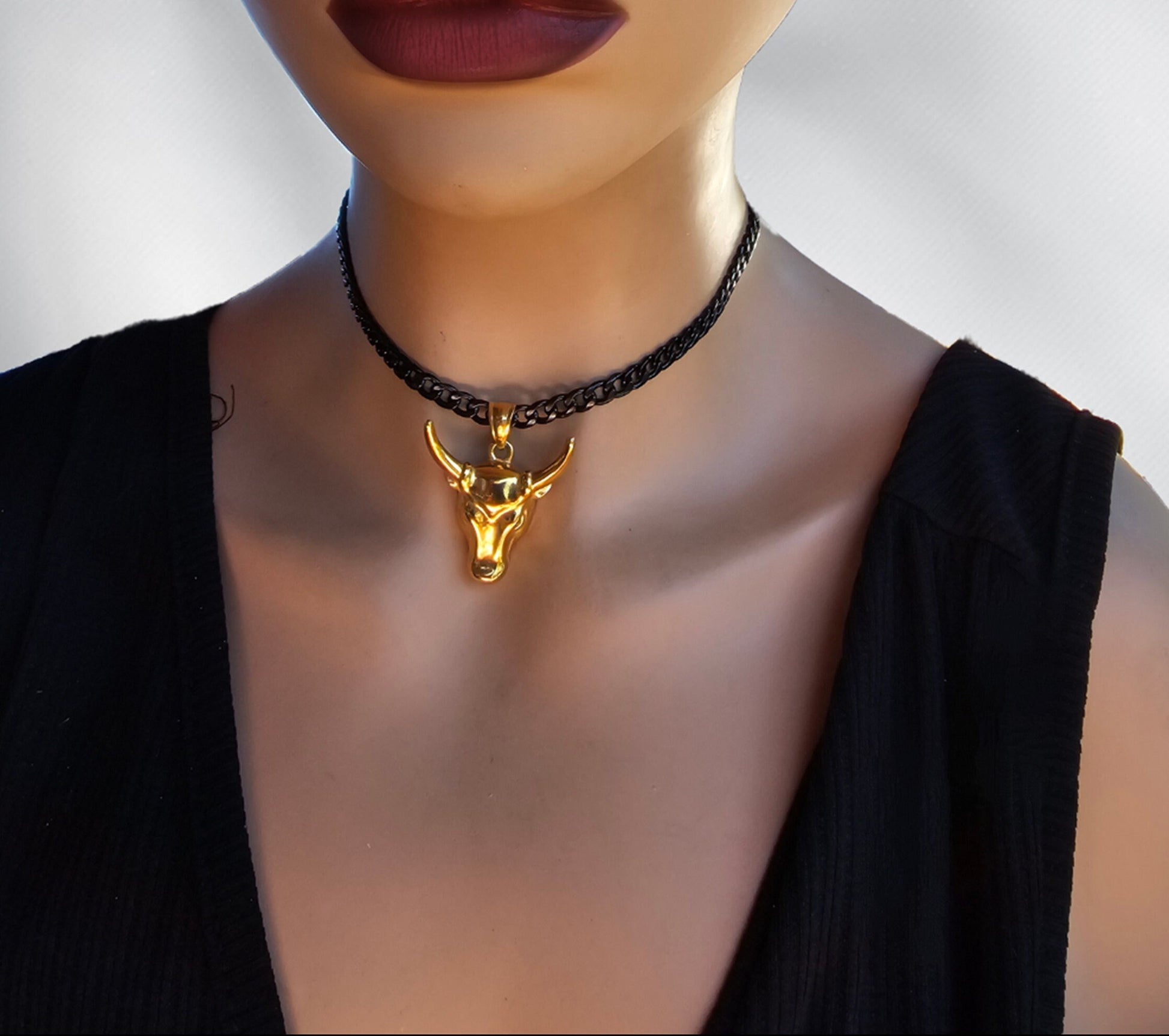 Black Steel & Gold Longhorn Adjustable Gothic Punk Choker Necklace | Cowgirl Western Aesthetic handmade jewelry gift for her