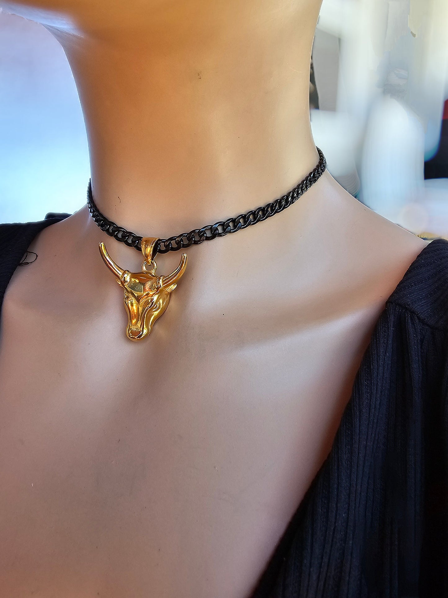 Black Steel & Gold Longhorn Adjustable Gothic Punk Choker Necklace | Cowgirl Western Aesthetic handmade jewelry gift for her