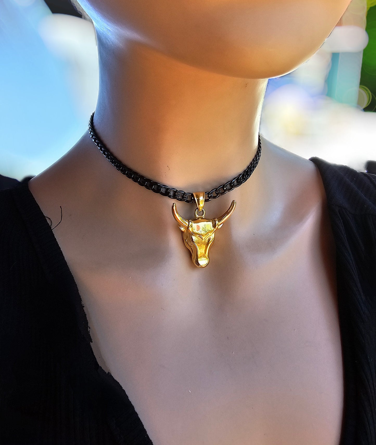 Black Steel & Gold Longhorn Adjustable Gothic Punk Choker Necklace | Cowgirl Western Aesthetic handmade jewelry gift for her