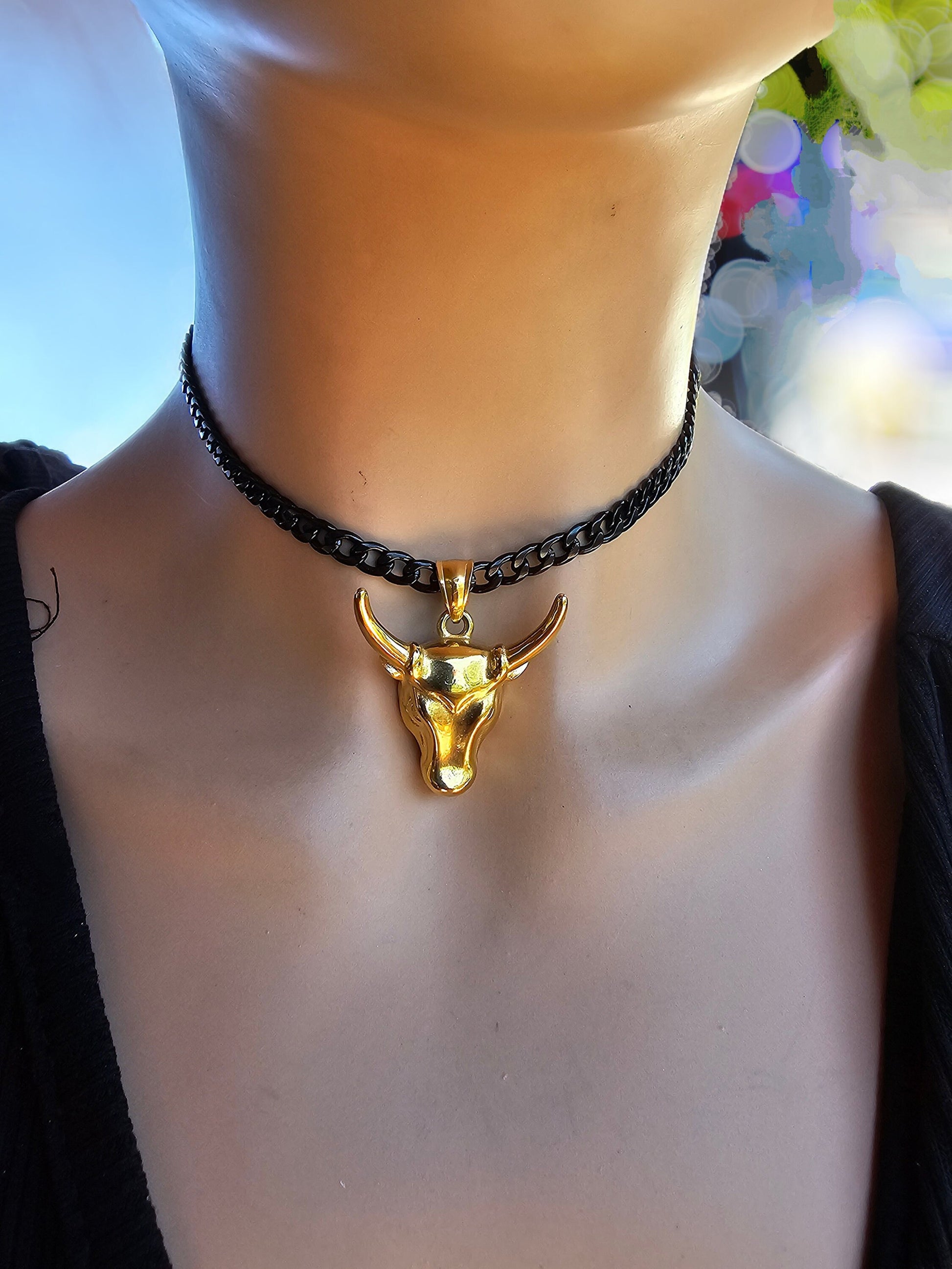 Black Steel & Gold Longhorn Adjustable Gothic Punk Choker Necklace | Cowgirl Western Aesthetic handmade jewelry gift for her