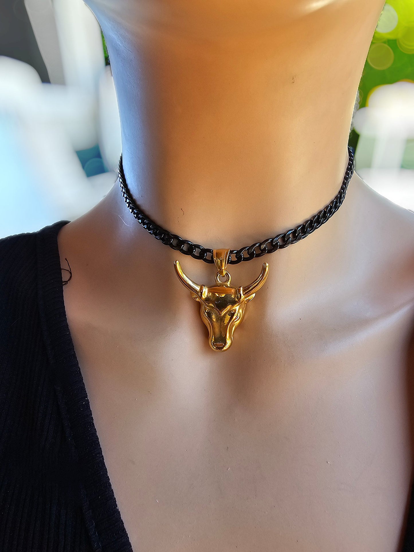 Black Steel & Gold Longhorn Adjustable Gothic Punk Choker Necklace | Cowgirl Western Aesthetic handmade jewelry gift for her