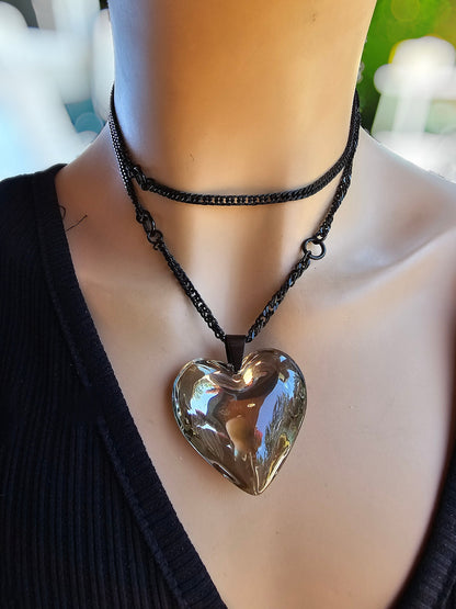 Black Steel Adjustable Gothic Punk Choker Necklace with Jumbo Silver Glass Bubble Heart | Dark Aesthetic handmade jewelry gift for her