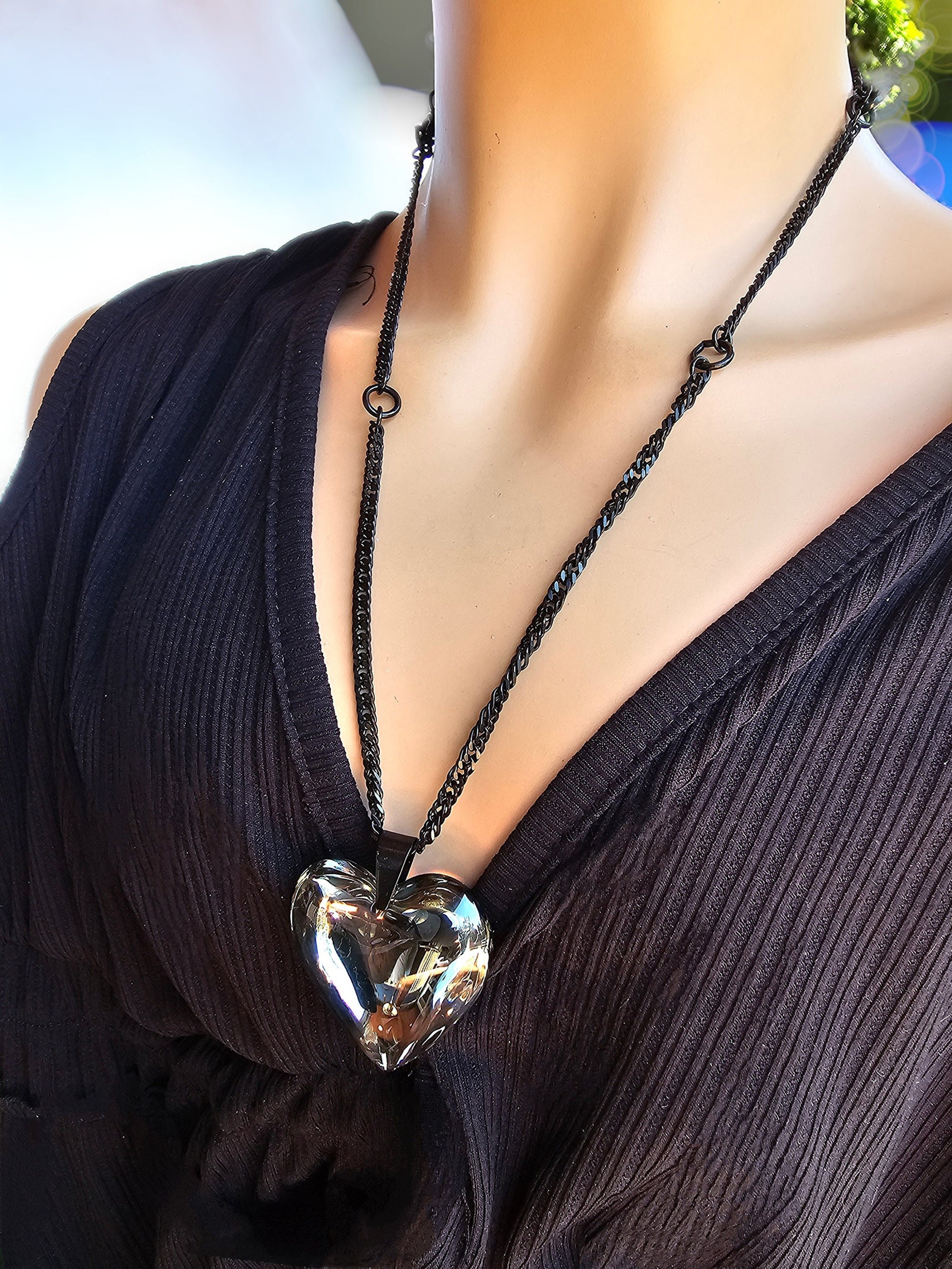 Black Steel Adjustable Gothic Punk Choker Necklace with Jumbo Silver Glass Bubble Heart | Dark Aesthetic handmade jewelry gift for her