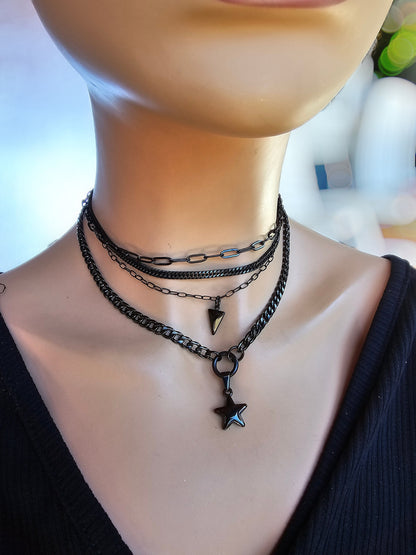 Black Steel Layered Gothic Punk Choker Multi Strand Necklace with Spear & Star | Dark Academia Aesthetic handmade jewelry gift for her, Goth