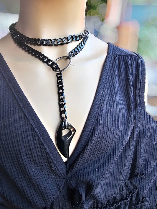 Black Steel Slip Chain Goth Collar Choker Leash Layered Necklace with Tusk Fang | elegant collar gothic aesthetic self bondage gift for her