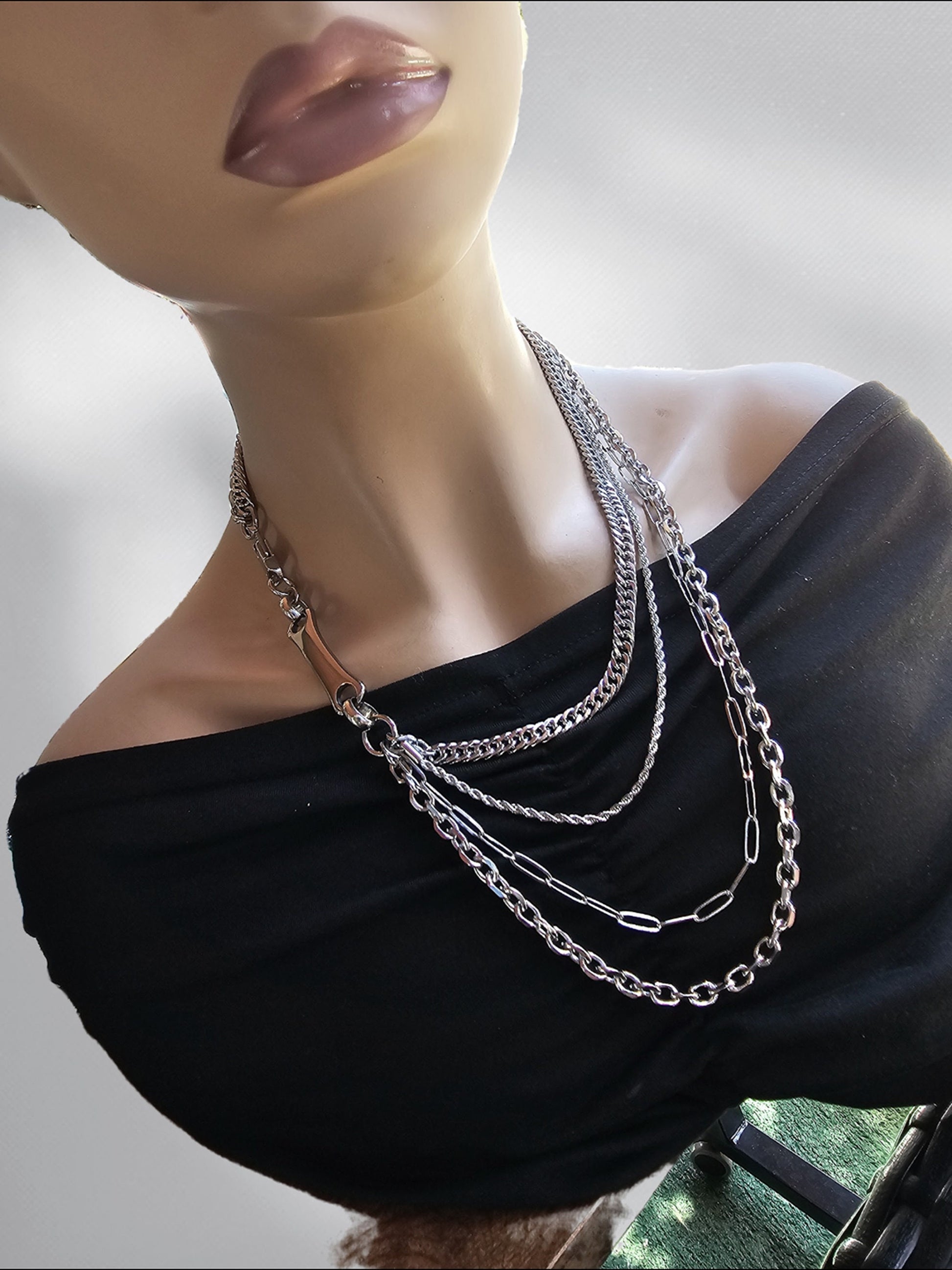 Layered Multi Strand Chunky Chain Gothic Choker Collar Convertible Back Necklace Set - Handmade edgy aesthetic jewelry gift for her