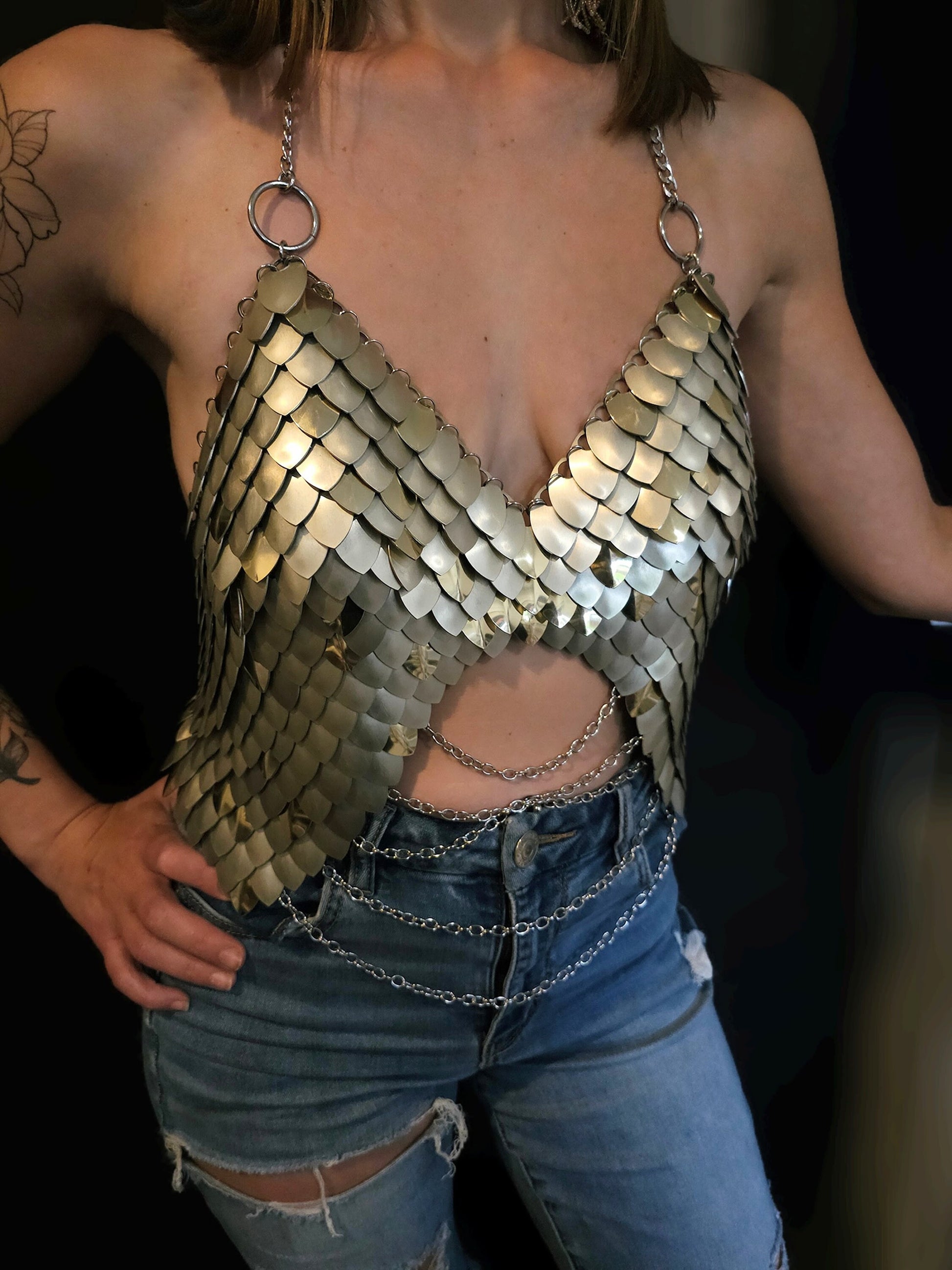 Halloween Festival Outfit Scalemail Corset Top, , Rave, Club Concert Fashion, Viking, Dragon Cosplay Costume, Renaissance - MADE in CANADA