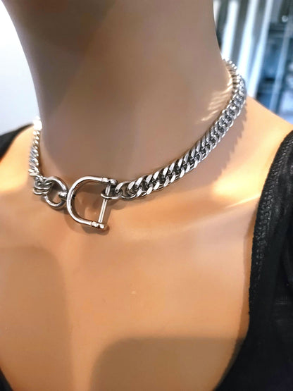 Steel Locking Goth Alt Chunky Chain Necklace, Discreet Sub Day Collar, Stainless Steel BDSM aesthetic Jewelry