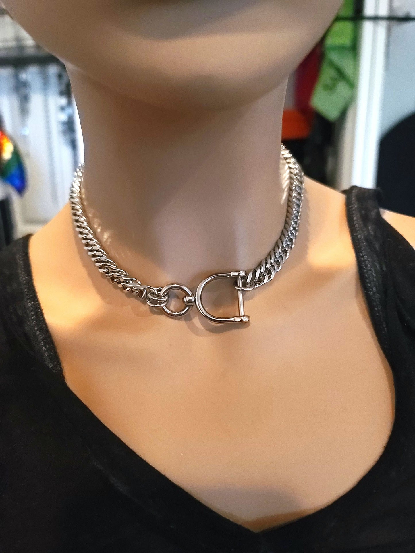 Steel Locking Goth Alt Chunky Chain Necklace, Discreet Sub Day Collar, Stainless Steel BDSM aesthetic Jewelry