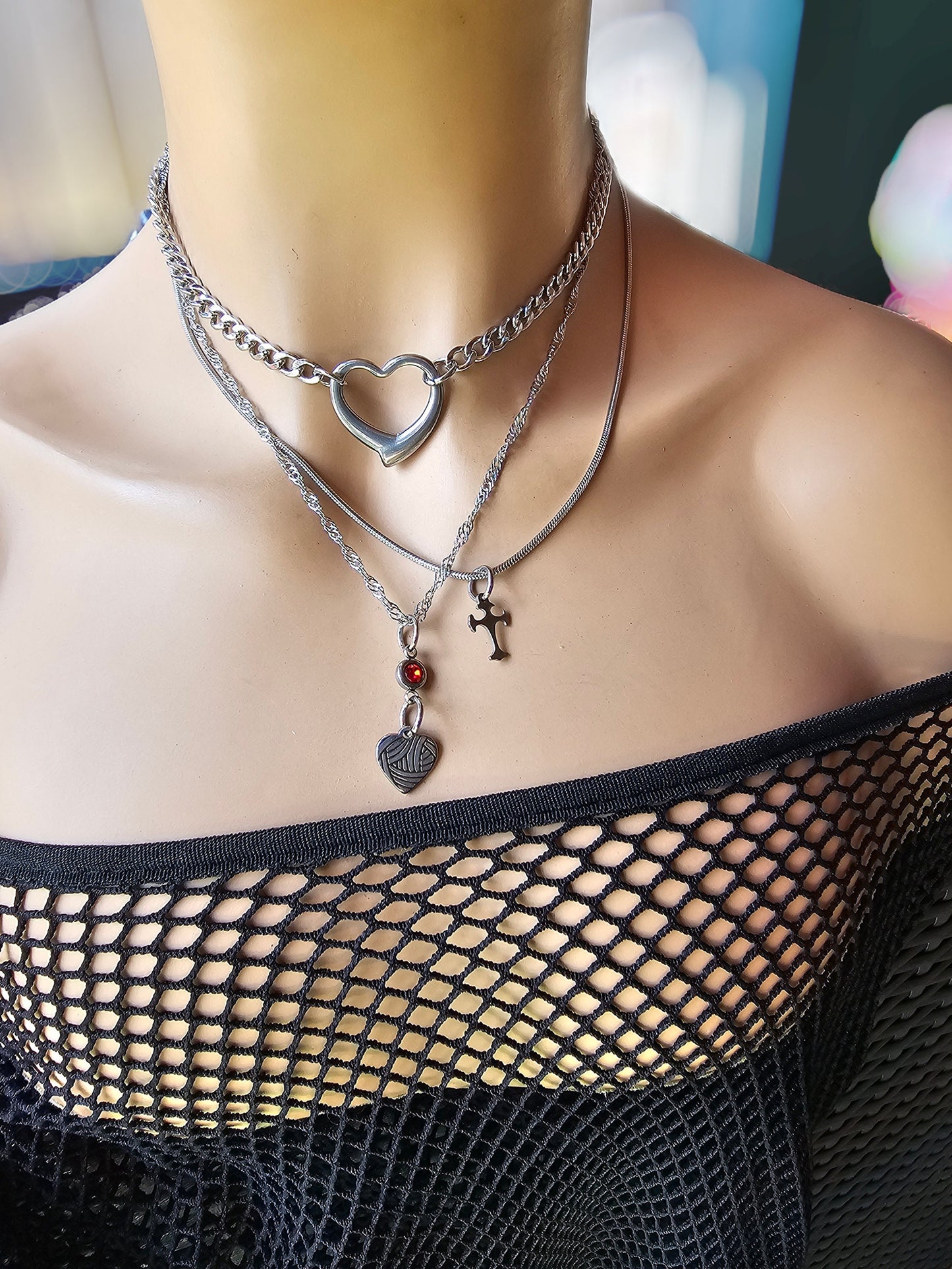 Steel Heart Layered Multi Strand Choker Chain Necklace Set | non tarnish waterproof hypoallergenic Handmade Y2K Jewelry gift for her