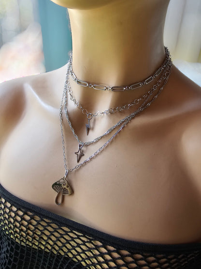 Steel Layered Y2K Mushroom Shroomie Grunge Multi Strand Choker Necklace Set | waterproof Handmade stacked grunge polaris Jewelry