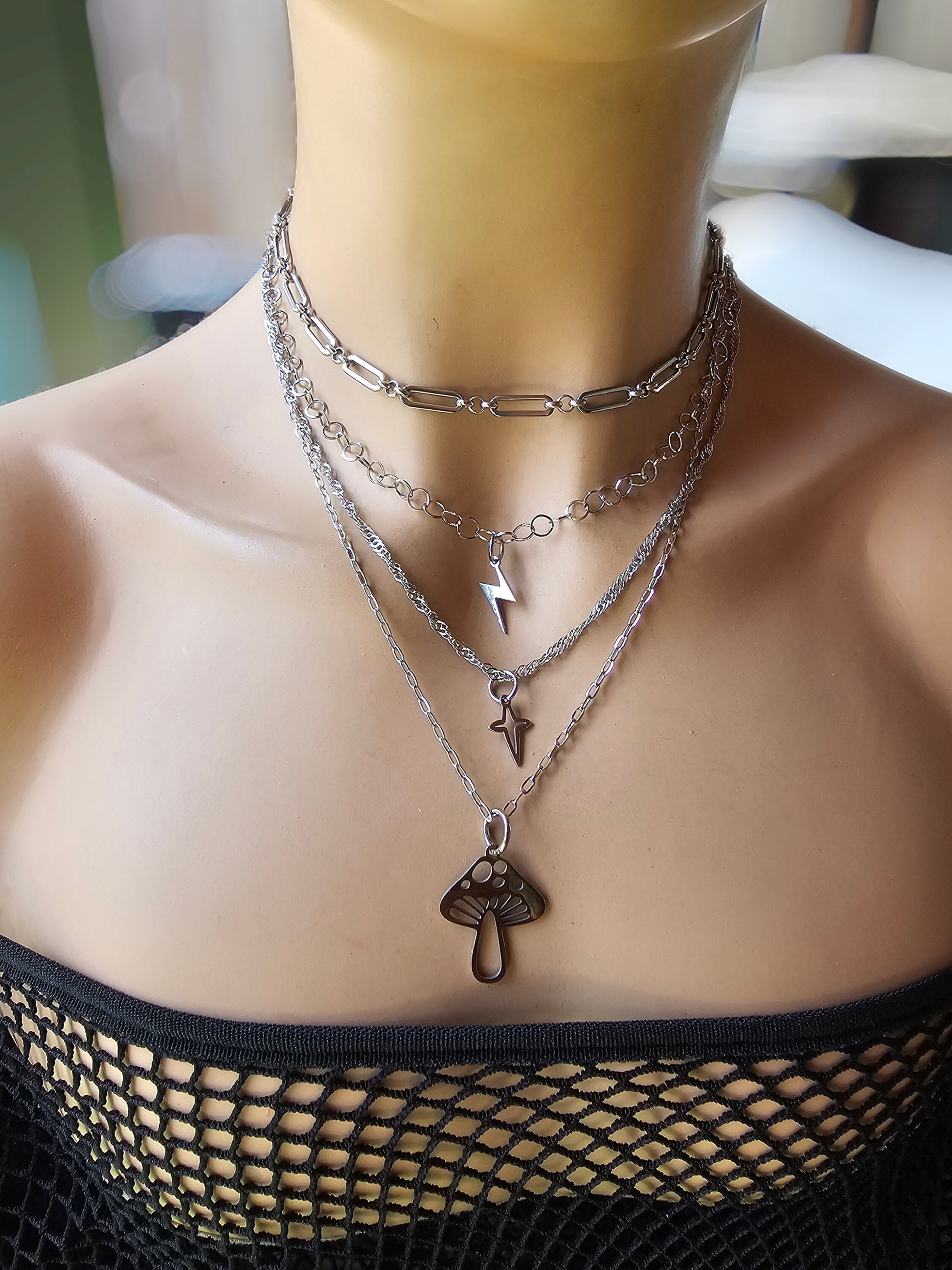 Steel Layered Y2K Mushroom Shroomie Grunge Multi Strand Choker Necklace Set | waterproof Handmade stacked grunge polaris Jewelry