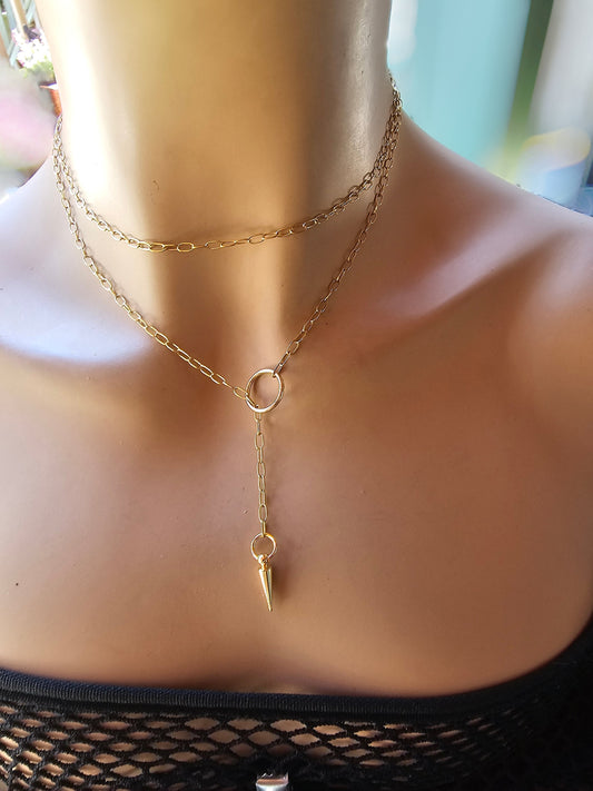 Gold Lariat Dainty Choker Wrap Necklace with Spike pendant | Dark Academia Aesthetic handmade jewelry gift for her, Punk Grunge and Gothic